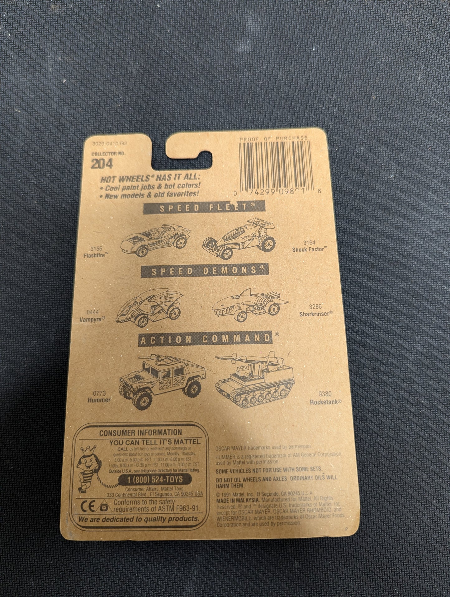 Hot Wheels 1991 Blue Line Main Card Oscar Mayer Wienermobile #204 #3029